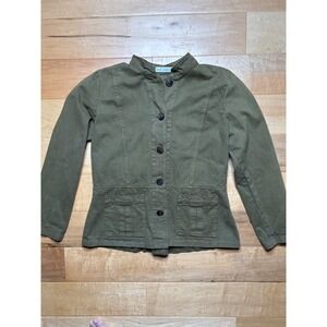 Cut Loose Jacket Womens Medium Green 100% Cotton Button Front Mock Neck USA Made
